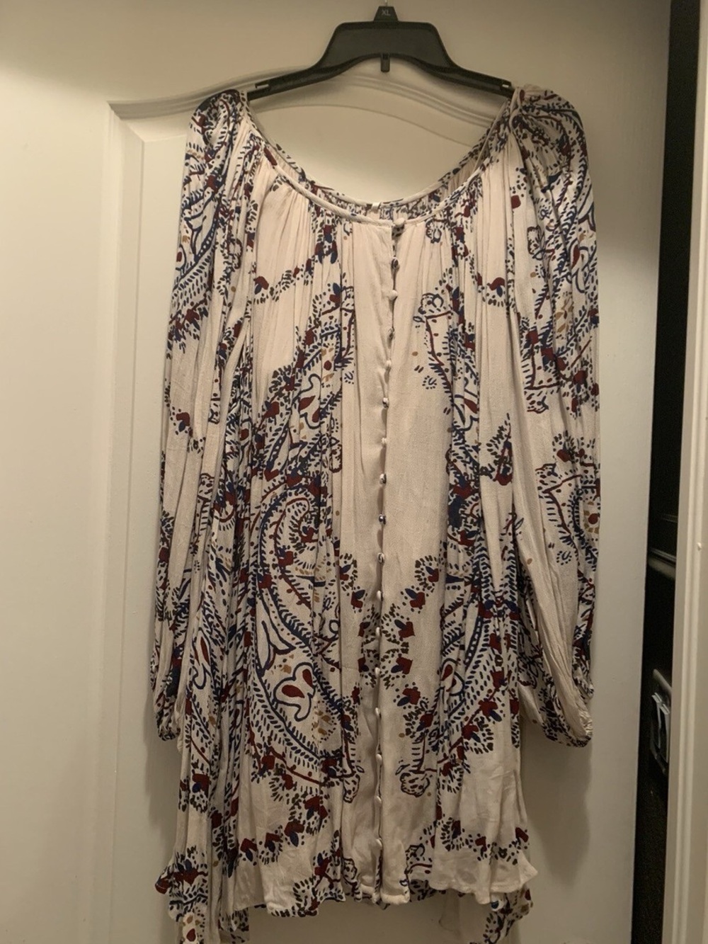 Boho Button-Front Paisley Tunic Dress in Cream with Navy & Rust Free People
